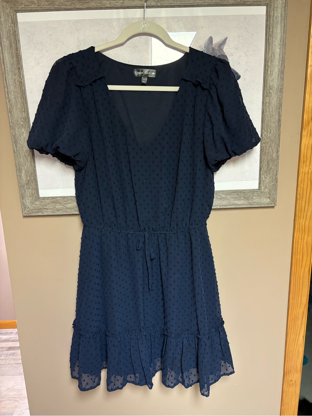 Crystal Doll Navy Swiss Dot V-Neck Ruffle Dress